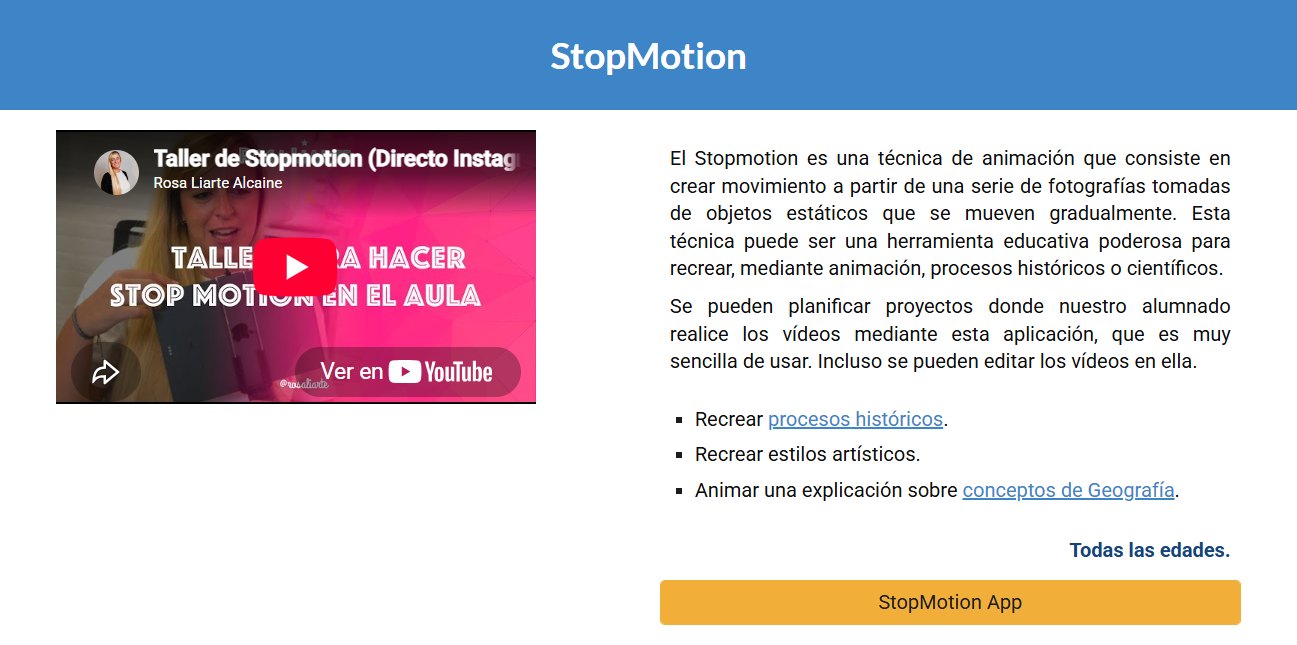 Ficha de StopMotion en el repositorio de 2024: videotutorial de YouTube, explicación de la técnica, tres usos en el aula, «Todas las edades» y botón a la app