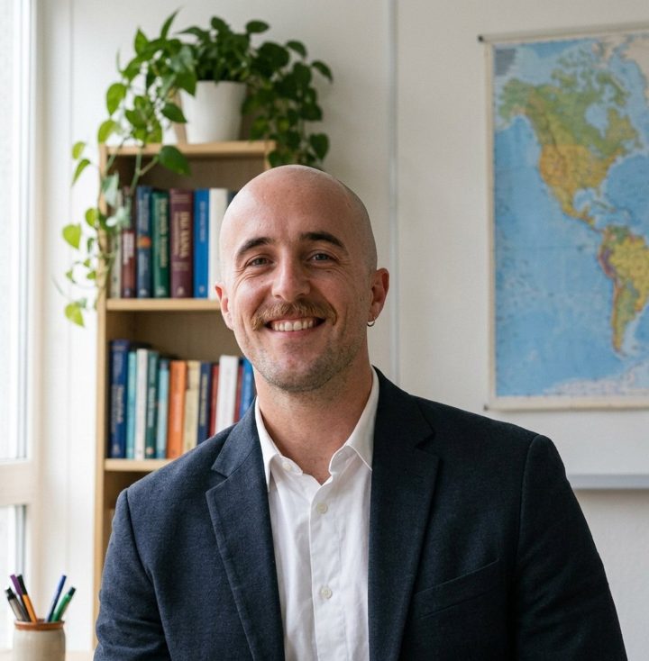 Jorge Delgado Aguilera en un aula, con una estantería de libros y un mapamundi al fondo